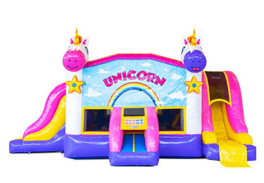 Encomende o insuflável Slide Park Combo Unicorn insuflável para crianças. Compre agora castelos insufláveis ​​com escorrega na JB Insuflaveis Portugal
